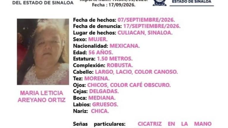 Autoridades activaron el Protocolo Alba para la localización de una mujer desaparecida en Culiacán.