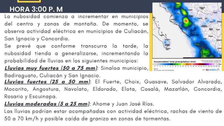 Para Mazatlán las lluvias pueden incrementar durante la noche del domingo y madrugada del lunes.