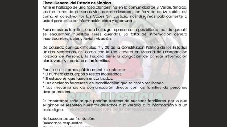 Integrantes del colectivo “Por las Voces Sin Justicia” mantienen la exigencia de identificación humana ante la FGE