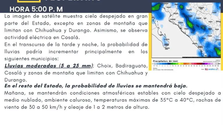 De acuerdo con el Pronóstico Meteorológico Vespertino la mayor parte del estado presenta cielo despejado.