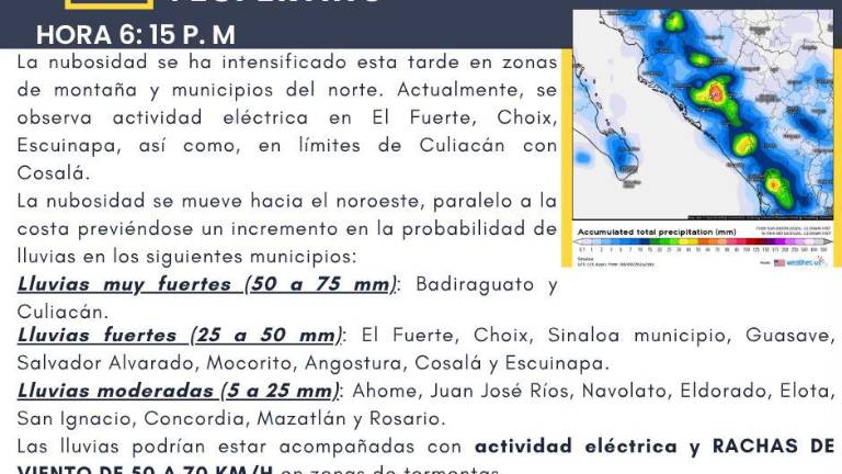 Las lluvias muy fuertes, de 50 a 75 milímetros, se prevén en Badiraguato y Culiacán.