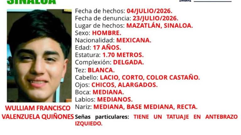 La FGE activó la Alerta Amber para la localización de un adolescente de 17 años desaparecido en Mazatlán.