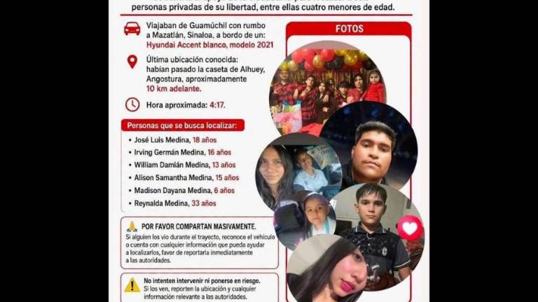 Familiares piden ayuda para localizar a seis personas desaparecidas cuando viajaban a Mazatlán.