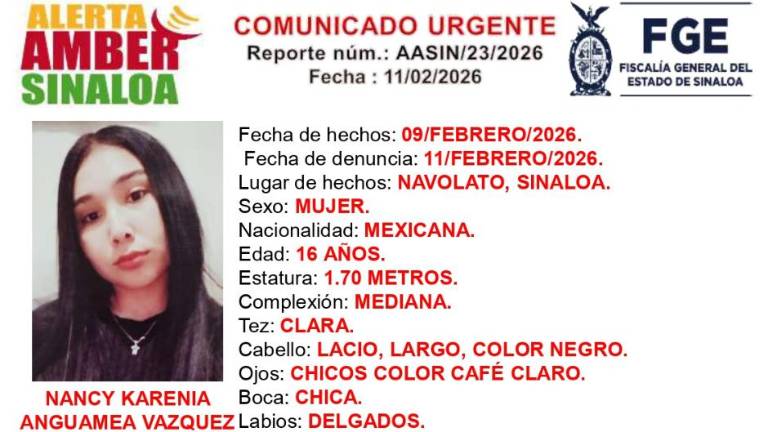 La FGE activó la Alerta Amber por la desaparición de Nancy Karenia Anguamea Vázquez en la cabecera municipal de Navolato