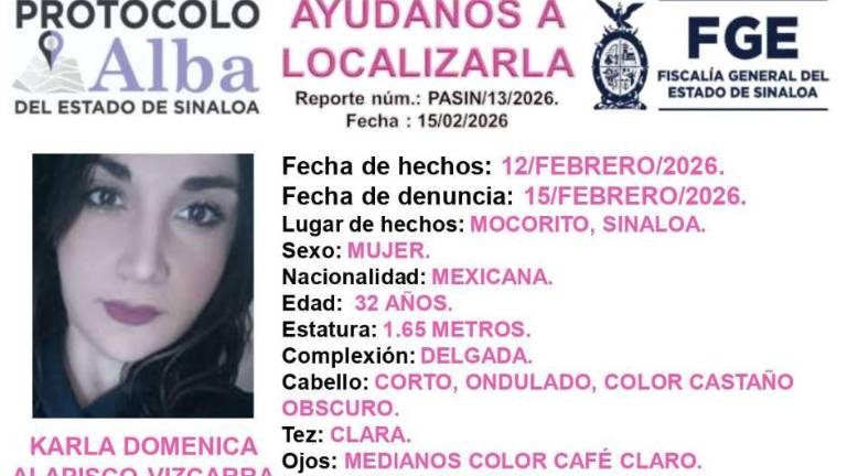 La FGE activó el Protocolo Alba para la localización de Karla Domenica desaparecida en Mocorito.