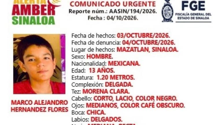 La Fiscalía de Sinaloa activó la Alerta Amber para localizar a Marco Alejandro, visto por última vez en Mazatlán.