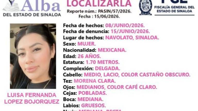 La Fiscalía de Sinaloa activó el Protocolo Alba para la localización de Luisa Fernanda en Navolato.