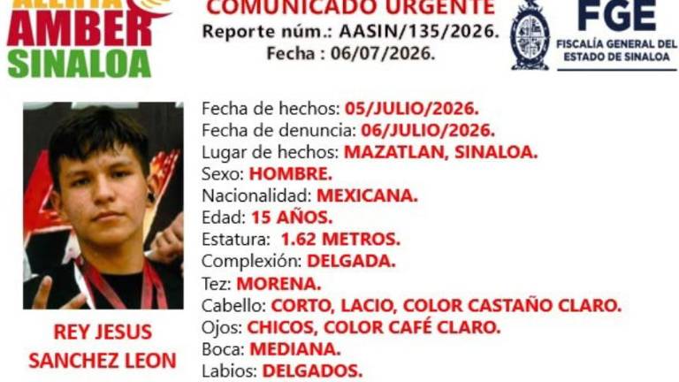 Autoridades estatales activaron la Alerta Amber tras la desaparición de Rey Jesús en Mazatlán.
