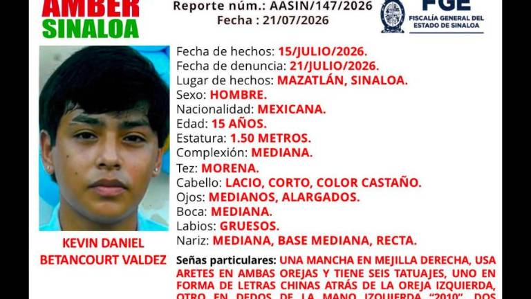 La Fiscalía de Sinaloa activó la Alerta Amber para la localización del adolescente de 15 años.
