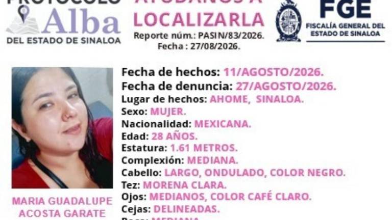 La Fiscalía de Sinaloa emitió ficha de búsqueda para localizar a la mujer de 28 años desaparecida en Los Mochis.