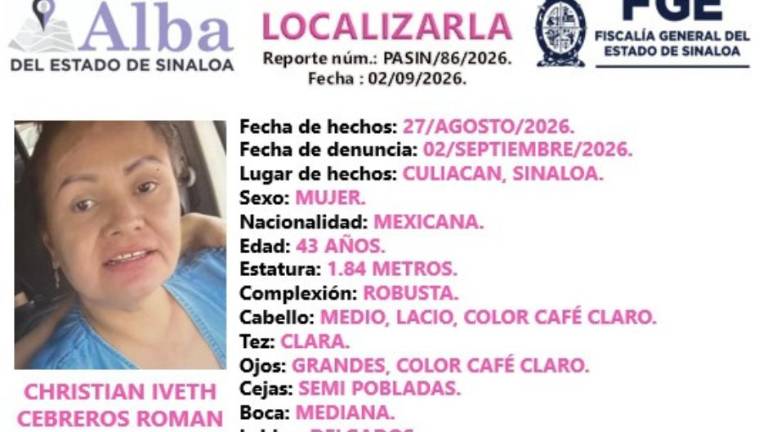 La Fiscalía de Sinaloa emitió la ficha del Protocolo Alba para la localización de Christian Iveth Cebreros Román.