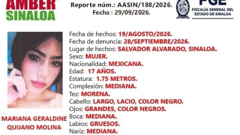 Marina Geraldine desapareció hace más de un mes en Guamúchil; autoridades activan Alerta Amber.