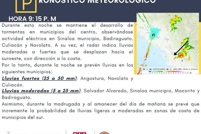 Prevén lluvias fuertes en la zona centro de Sinaloa durante esta noche