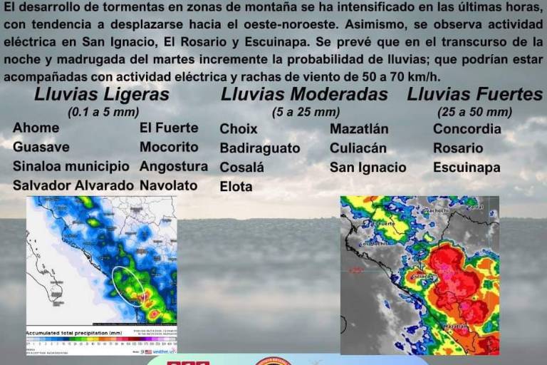 Incrementa la probabilidad de lluvias para la noche de este lunes en Sinaloa