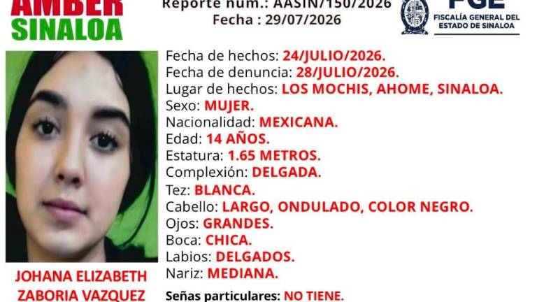 La Fiscalía de Sinaloa activó la Alerta Amber para la localización de una menor de edad desaparecida en Los Mochis.