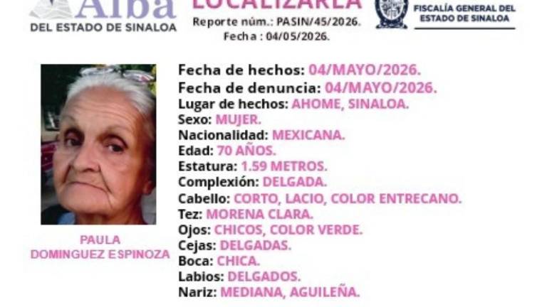 Autoridades estatales activaron el Protocolo Alba para la localización de Paula, desaparecida en Los Mochis.