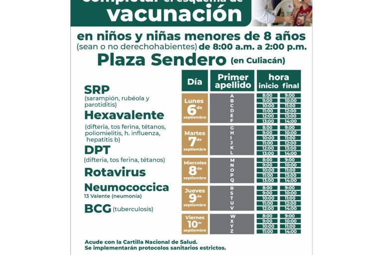 ¿Tienes un hijo o hija menor de 8 años y no ha completado su esquema básico de vacunación? en Plaza Sendero se atenderá del 6 al 10 de septiembre