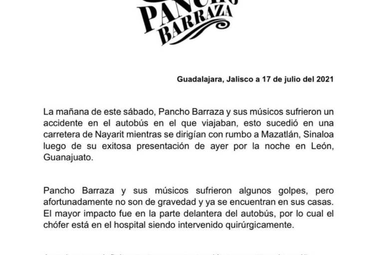 Pancho Barraza sufre accidente junto a sus músicos