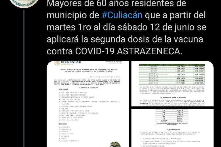 Así será la aplicación de segundas dosis en adultos mayores en Culiacán este martes