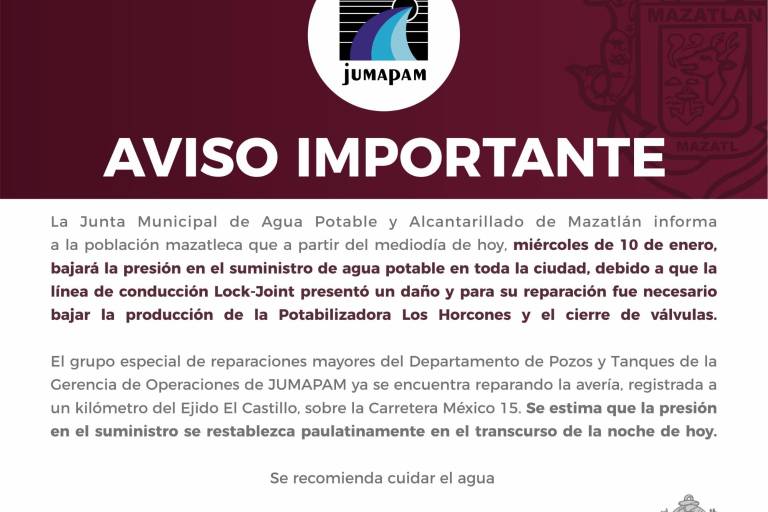 Daño en tubería baja suministro de agua potable en todo Mazatlán