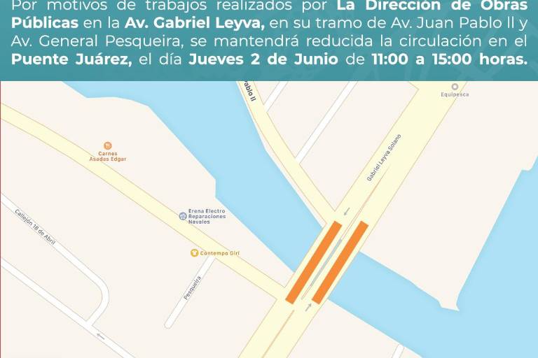 La circulación en el puente Juárez, en Mazatlán, se reducirá este jueves de 11:00 a 15:00 horas