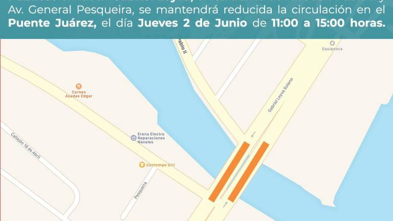 La circulación en el puente Juárez, en Mazatlán, se reducirá este jueves de 11:00 a 15:00 horas