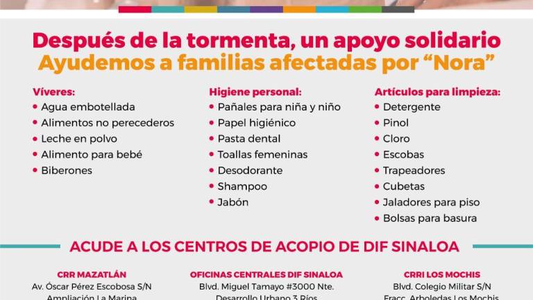 Activa DIF Sinaloa centros de acopio para damnificados en Culiacán, Mazatlán y Ahome