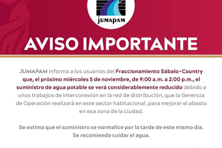 Usuarios del fraccionamiento Sábalo Country verán afectado su suministro de agua este miércoles