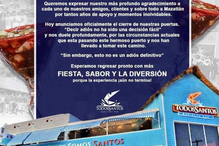 Se suma el restaurante ‘Todos Santos’ al cierre de negocios en Mazatlán