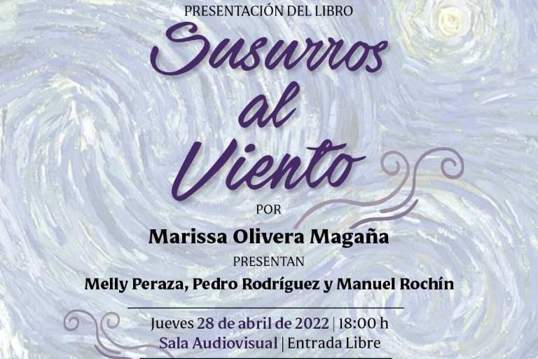Presentarán el poemario ‘Susurros al viento’, de Marissa Olivera