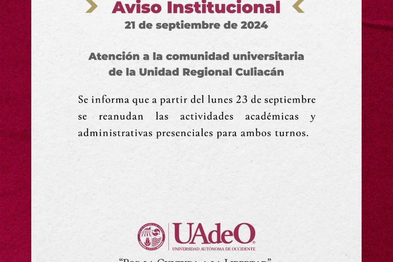 Anuncia UAdeO regreso a clases presenciales este lunes