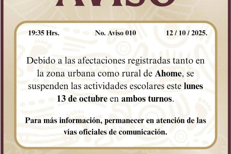 Suspensión de clases en Ahome este lunes 13 de octubre por afectaciones en zona urbana y rural