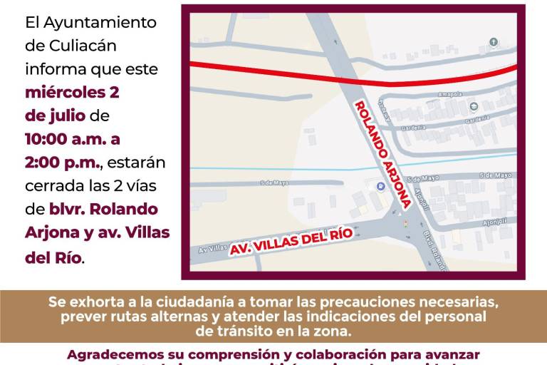 Cierre total en cruce de Rolando Arjona y Villas del Río este miércoles en Culiacán