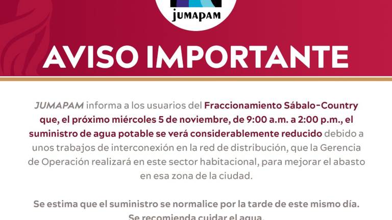 El corte del servicio llegará en un horario de 9:00 a 14:00 horas.