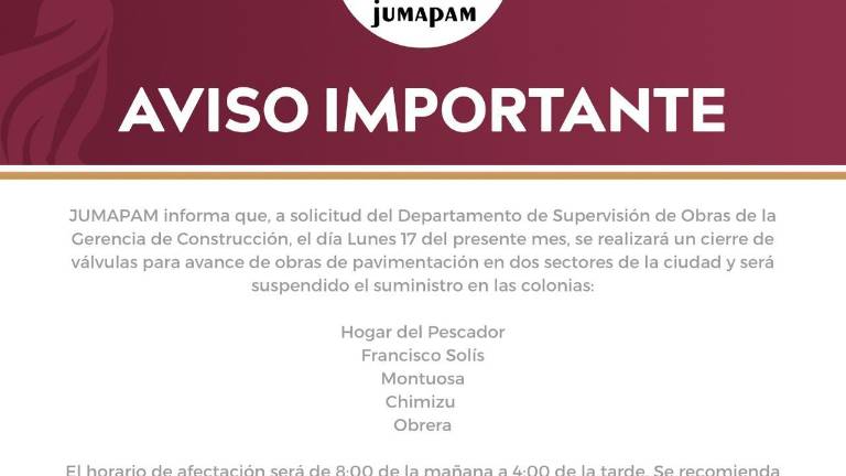 El corte se realizará de las 8:00 a las 16:00 horas.