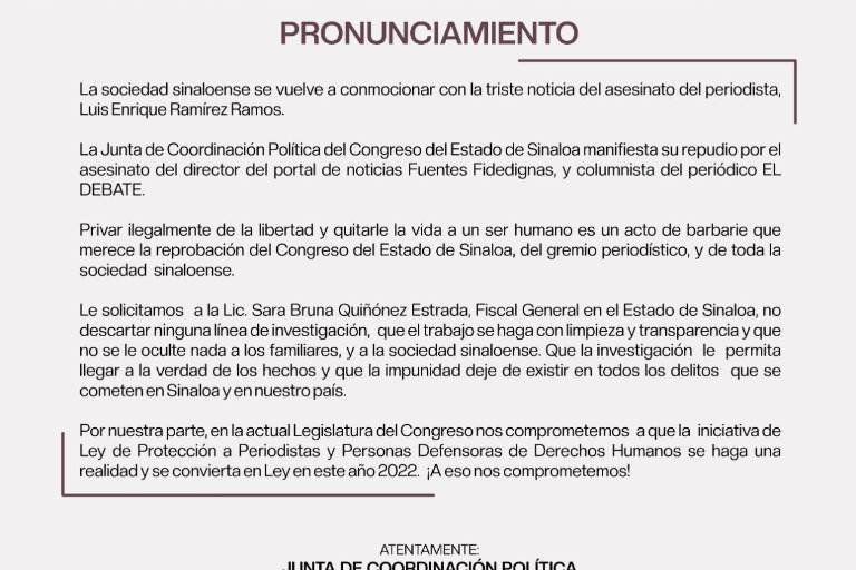 Congreso de Sinaloa solicita a Fiscal agotar todas las líneas de investigación en homicidio de Luis Enrique Ramírez