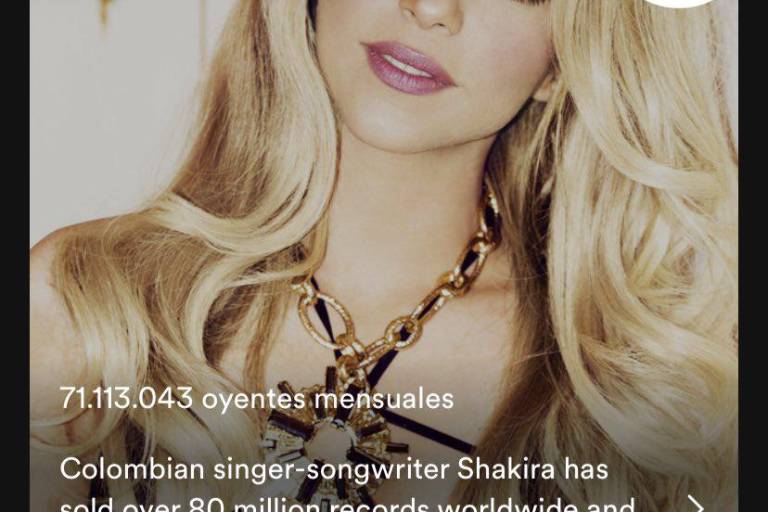 Shakira es la quinta artista más escuchada según Spotify