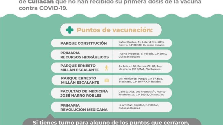 Adultos mayores que no han recibido su primera dosis podrán asistir a estos centros sin cita en Culiacán