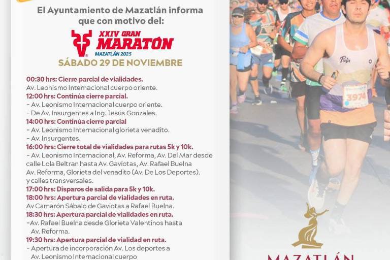 Comenzará este sábado el cierre de vialidades por el Gran Maratón Mazatlán