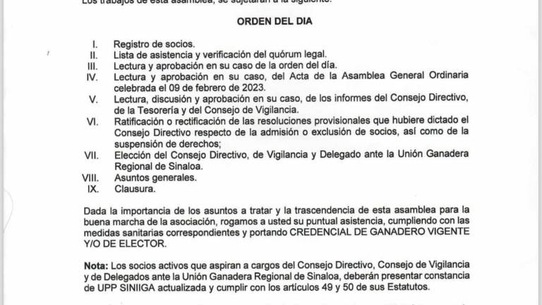 Convocatoria: Consejo Directivo de la Asociación Ganadera Local Especializada de Criadores de Razas Puras de Culiacán, Sinaloa, A.G.