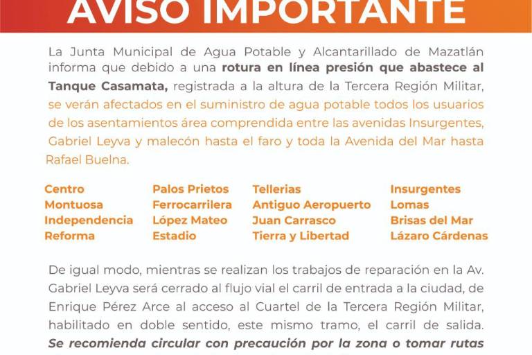 ¡Atención, Mazatlán! Rotura en línea de presión de Jumapam deja sin agua varios sectores del puerto