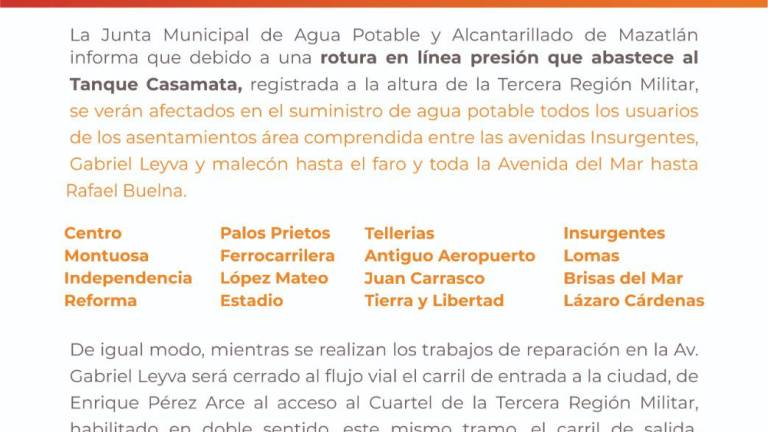 ¡Atención, Mazatlán! Rotura en línea de presión de Jumapam deja sin agua varios sectores del puerto
