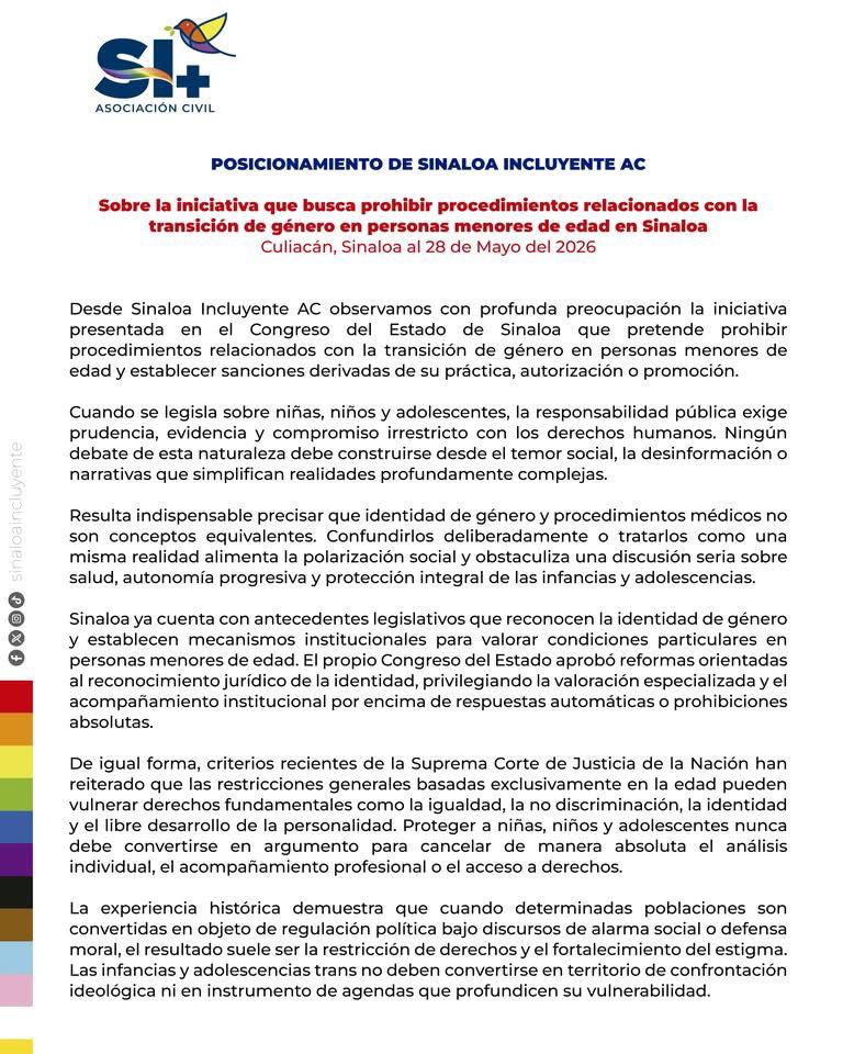 $!Sinaloa Incluyente AC rechaza propuesta del PAN contra transiciones de género en menores