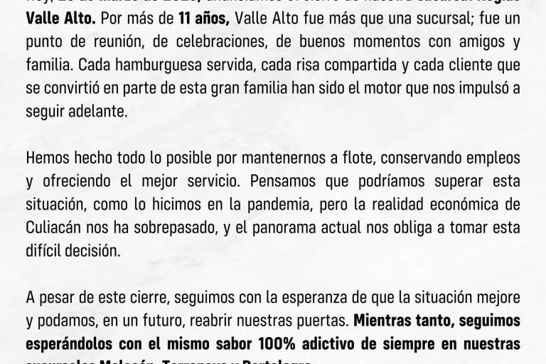 Hamburguesas Regias Valle Alto cierra tras 11 años de servicio, en Culiacán