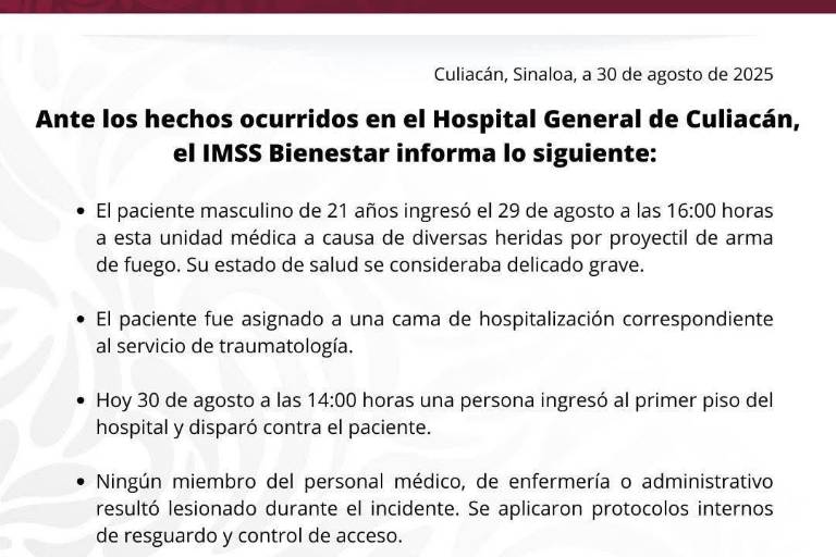 IMSS Bienestar colabora con autoridades tras asesinato dentro del HGC, asegura