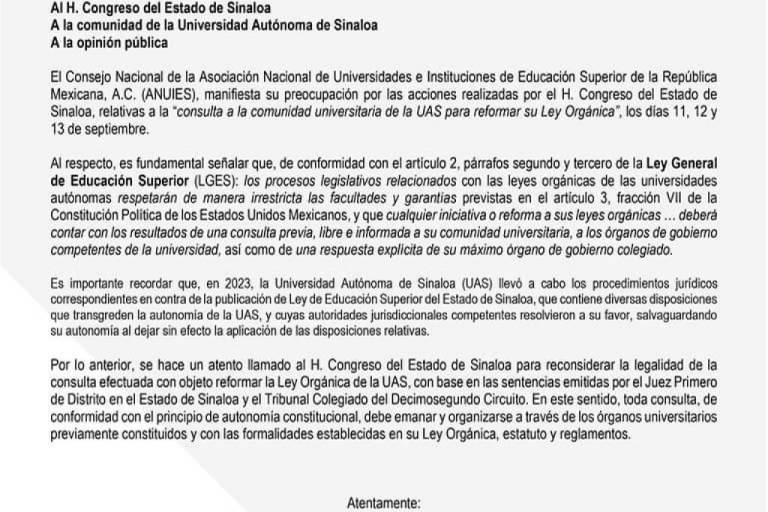 Llama ANUIES a Congreso de Sinaloa a reconsiderar legalidad de la consulta a comunidad de la UAS