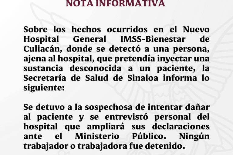 Secretaría de Salud aclara que mujer detenida en Hospital General no es trabajadora y colabora en investigaciones