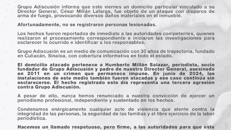 Grupo Adiscusión denuncia ataque armado contra un inmueble vinculado con el director general del medio.