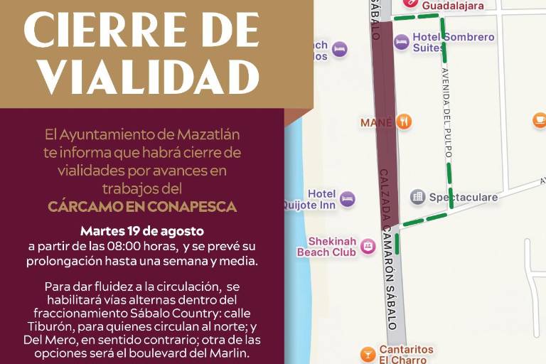 Anuncian cierre total de la circulación por trabajos del cárcamo frente Conapesca, desde mañana martes