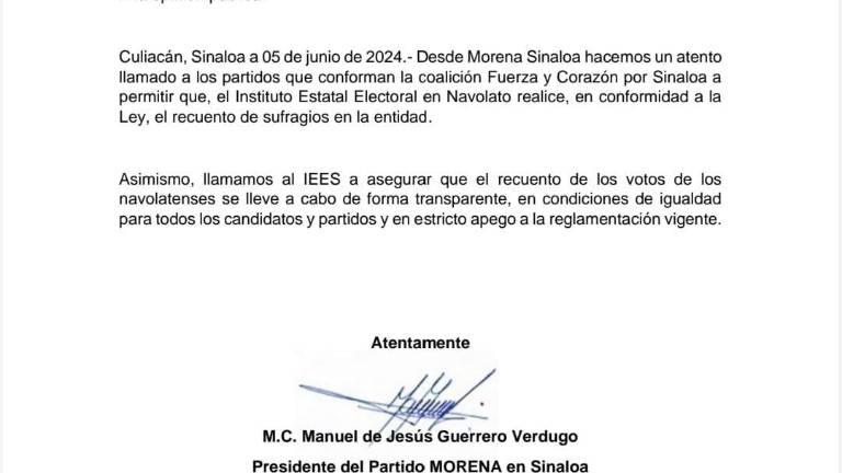 Morena Sinaloa solicitó a la autoridad electoral recontar los votos en los municipios de Angostura, Navolato, Elota y Choix.